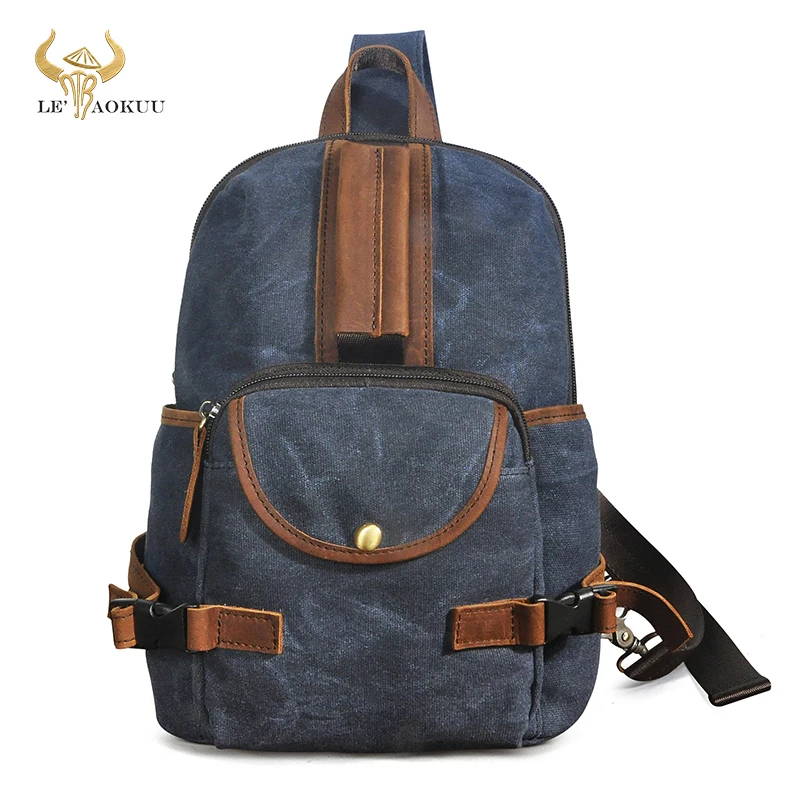 

Canvas+Original Leather Triangle Tea Cross-body Chest Sling Bag Design Travel One Shoulder Strap Bag Daypack For Men Male 3028