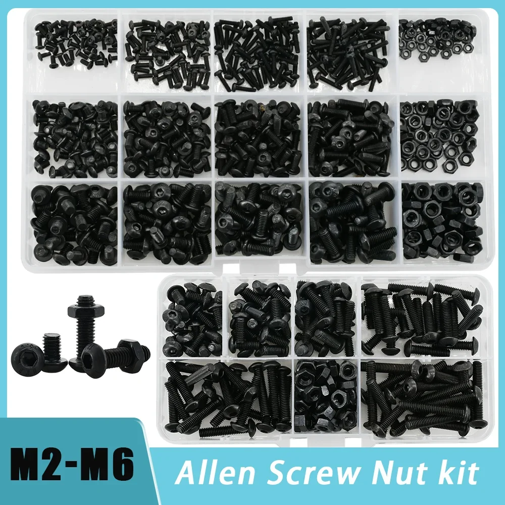 Screw bolt nut set ISO7380 Allen Hexagon Hex Socket Button Round Head Screw Nut Kit M2 M3 M4 M5 M6 Black Grade 10.9 Carbon Steel Bolt Nut Set