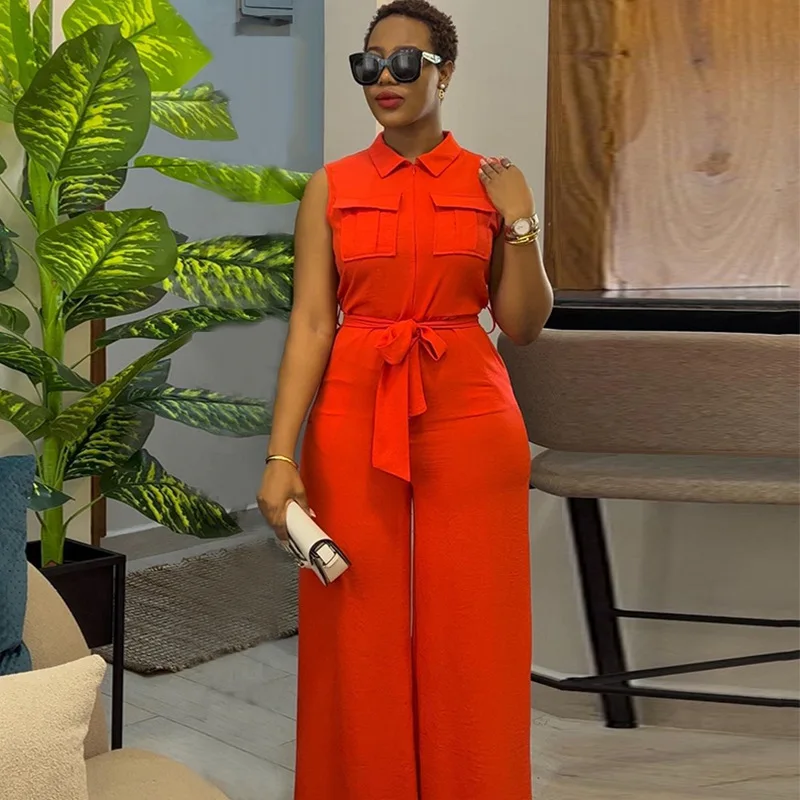 Women Summer Zipper Fly Turn-down Collar Pocket Front Sleeveless Wide Leg Jumpsuit 2024 casual One Piece Suit Romper Playsuit