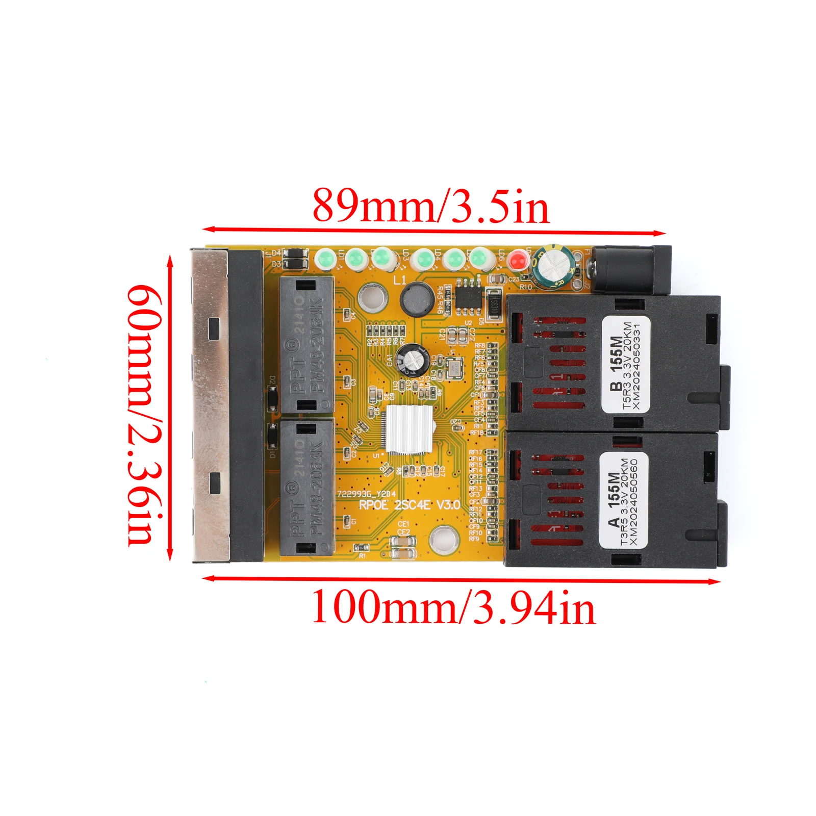 100M Fiber Optic Media Converter 4 RJ45 to 2 SC A+B Optic Connector 1310nm/1550nm Ports PCBA Board 20KM Ethernet Switch Yellow
