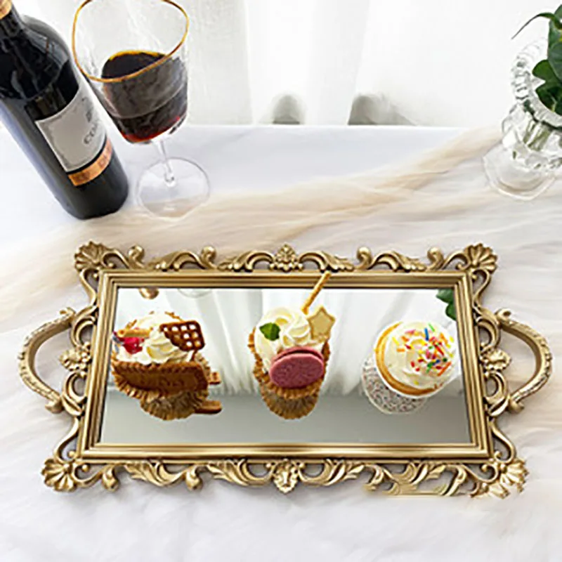

Nordic Light Luxury Palace Style Ins Gold Storage Tray Square Oval Cakes Plates Glass Mirror Retro Plate Photo Prop Cake Stand