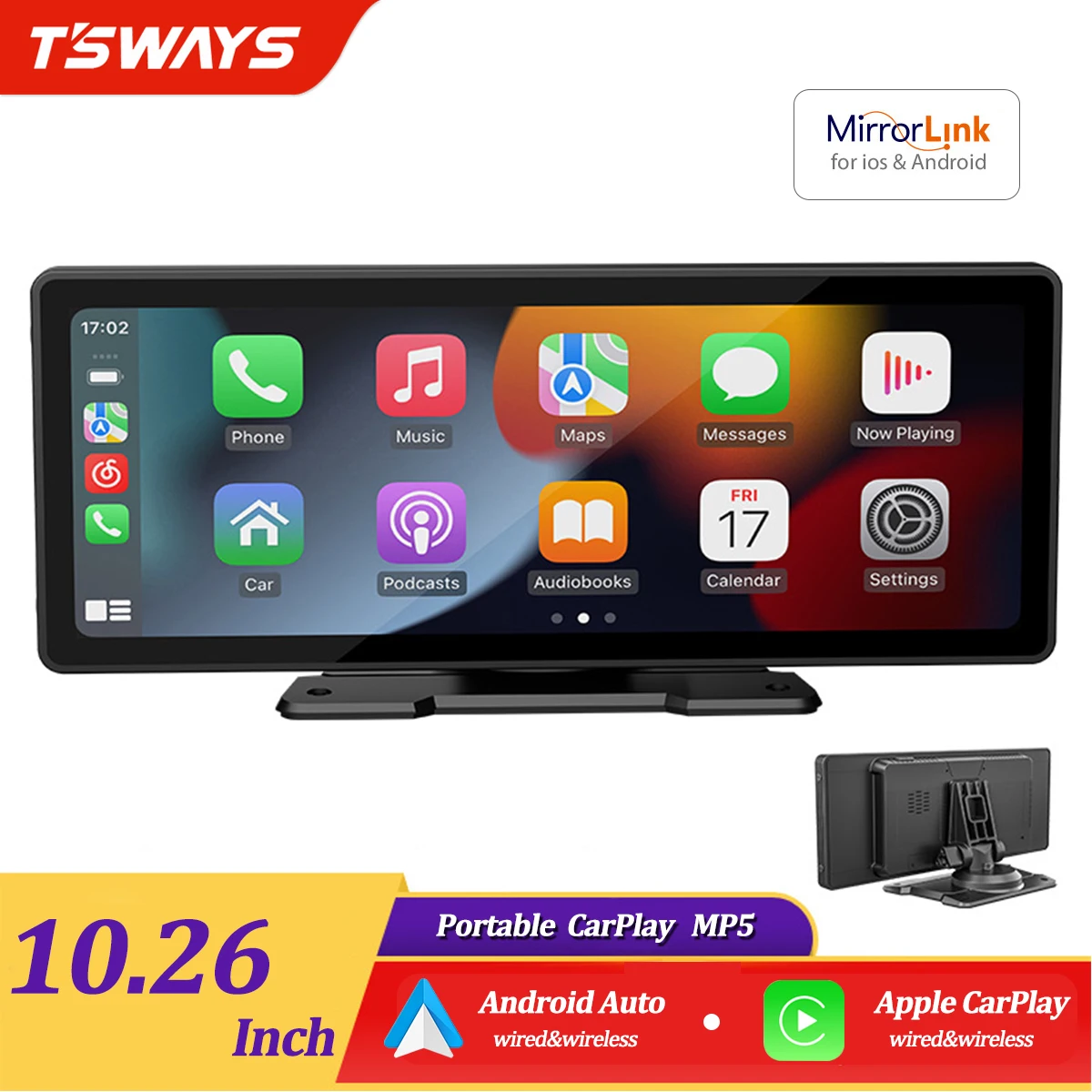 

Tsways Portable CarPlay MP5 Player 10.2-inch multimedia video player supports Mirror Link and Auto/ carplay reverse display