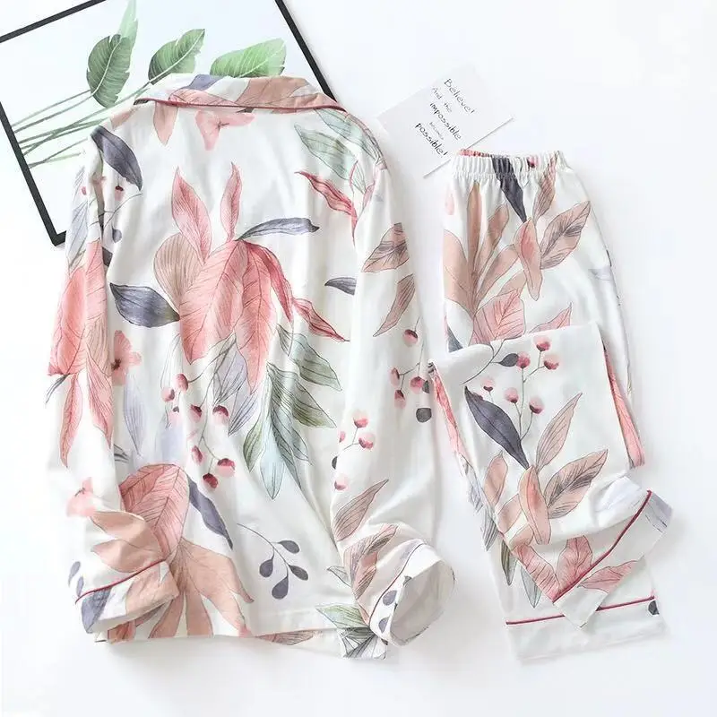 Spring Leaves Printed Women's Pajamas Cotton Plus Size Home Suit Brief Fashion Long Sleeve Home Clothes Female Sleepwear women pajamas set women pajama suit cotton pajamas set
