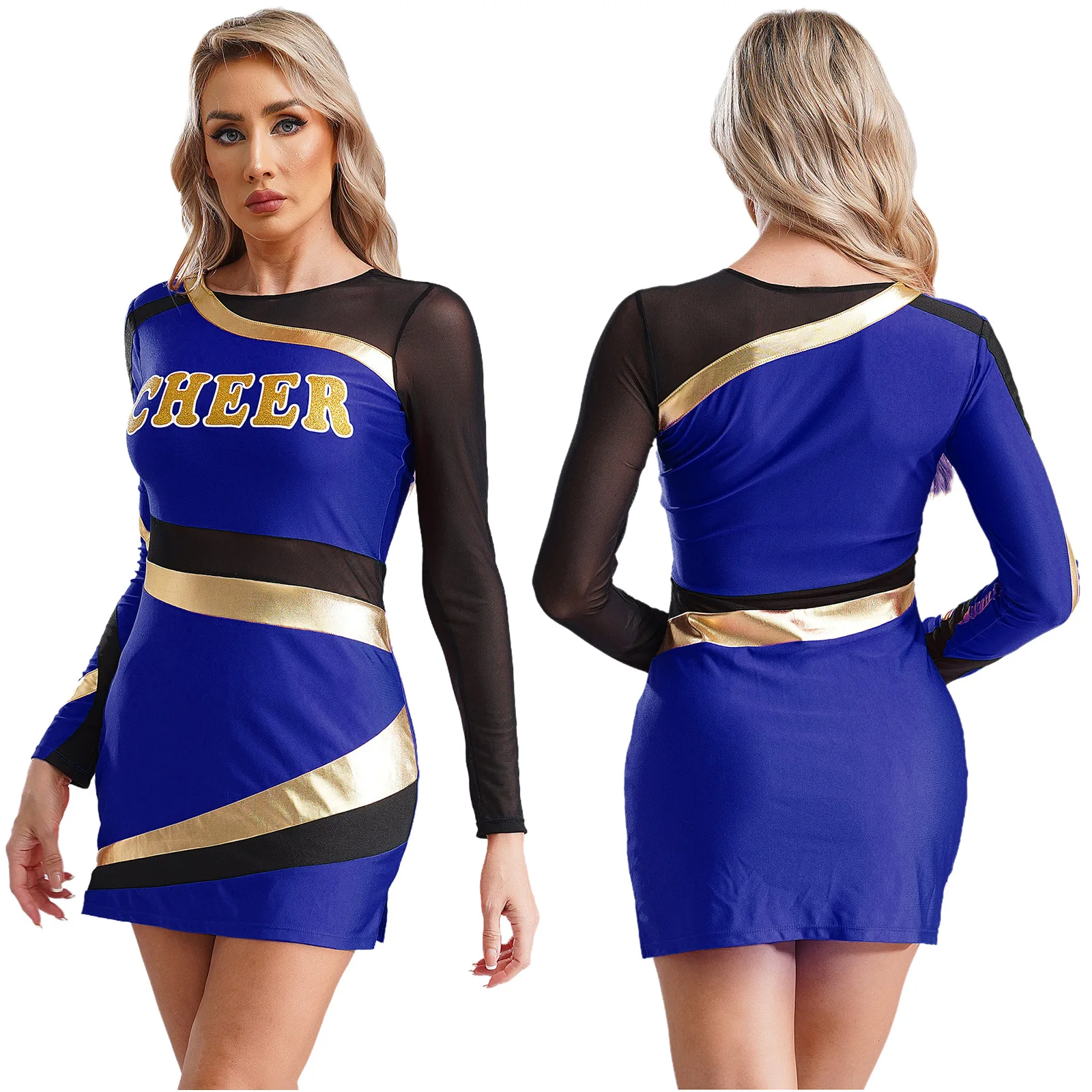 thumbnail image 1 of Vestido de carrera de conducción rápida para mujer, traje de Halloween, uniforme de porristas de manga larga, vestido ajustado de retazos metálicos de malla estampada, 1 of 5