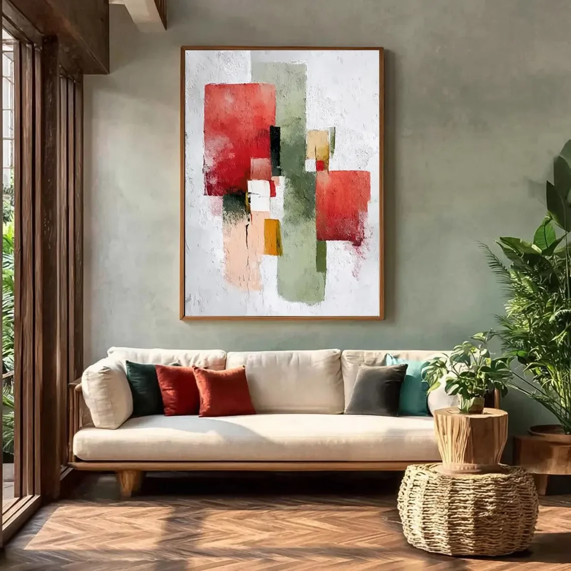 Vibrant Hand-Painted Abstract Canvas Art - Textured Red & Green Geometric Design