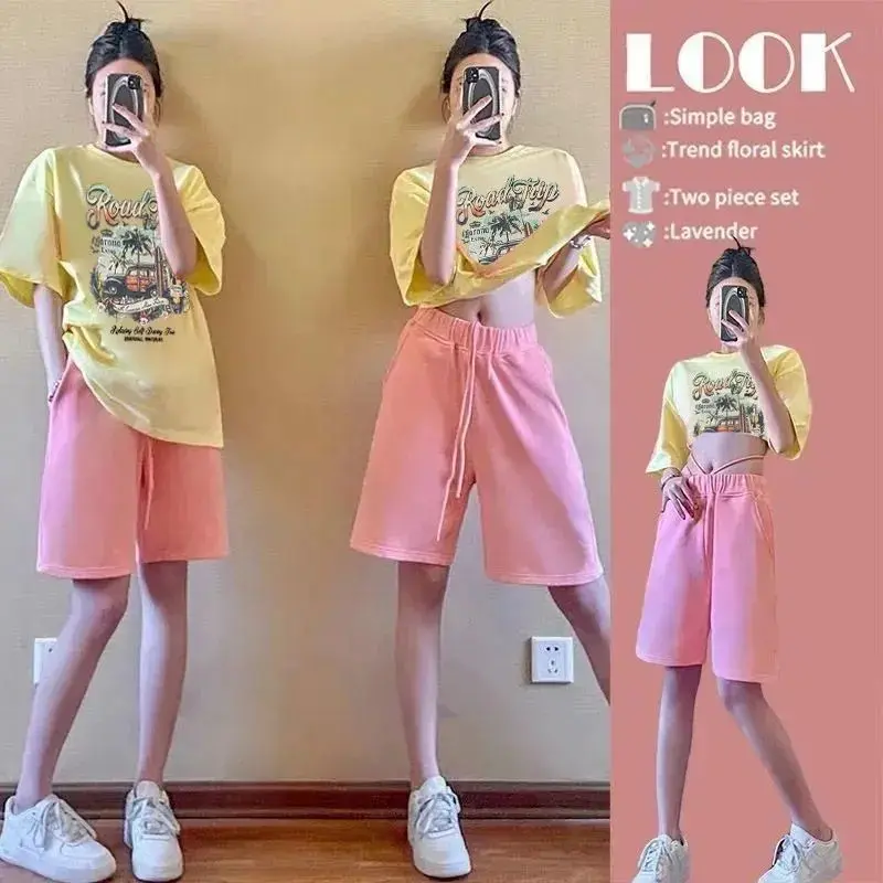 

Student suit female 2023 summer Korean version of the new loose short-sleeved t-shirt five points wide leg casual short pants