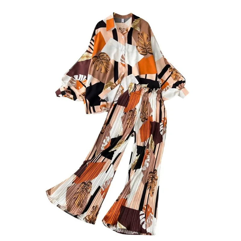 Suits Vacation Women Autumn Lapel Vintage Clothing Printed Loose Long Sleeve Lantern Sleeve High Waist Straight Casual Pants