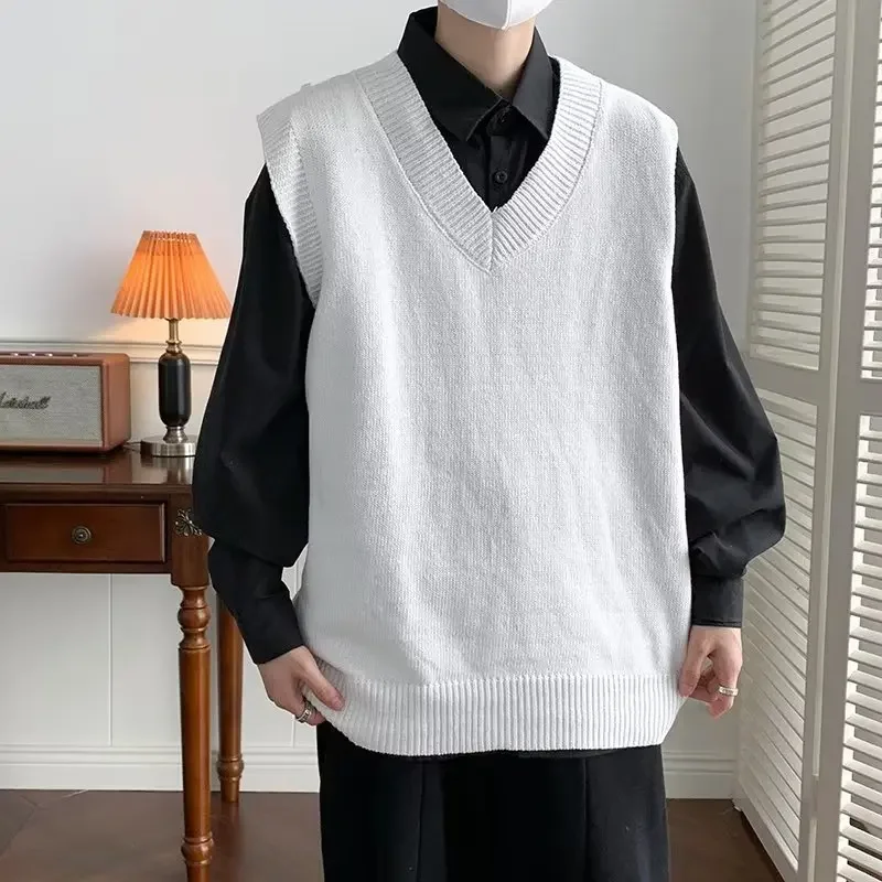 Men's V-neck Knitted Sweater Solid Color Autumn Japanese Style Sleeveless Casual Pullover Youth Trendy Artistic Couple