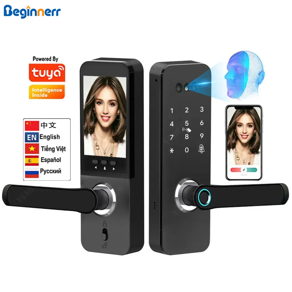 

Single latch 5050 face recognition peephole camera smart door lock Inner screen Password keypad tuya wifi remotely unlock