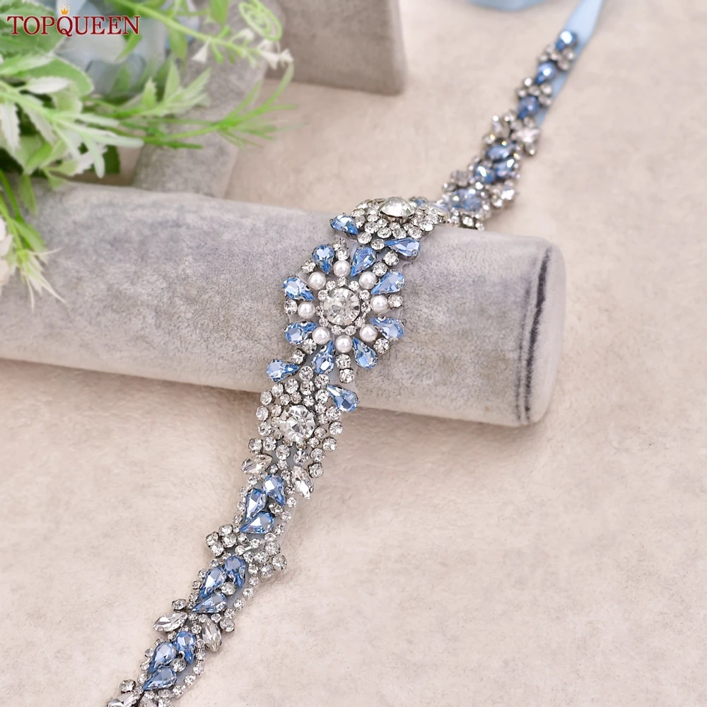 Top queen Mode Diamant Hochzeits gürtel hellblau Strass Patch Braut Accessoires wichtige Gelegenheit Kleid Gürtel S351-QL – Detail 4