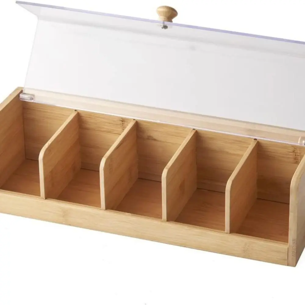 Description Picture 3 of item5 Slots Tea Bag Storage Organizer Bamboo Space Saving Coffee Capsule Storage Box Transparent Handmade Desktop Sundries Organizer