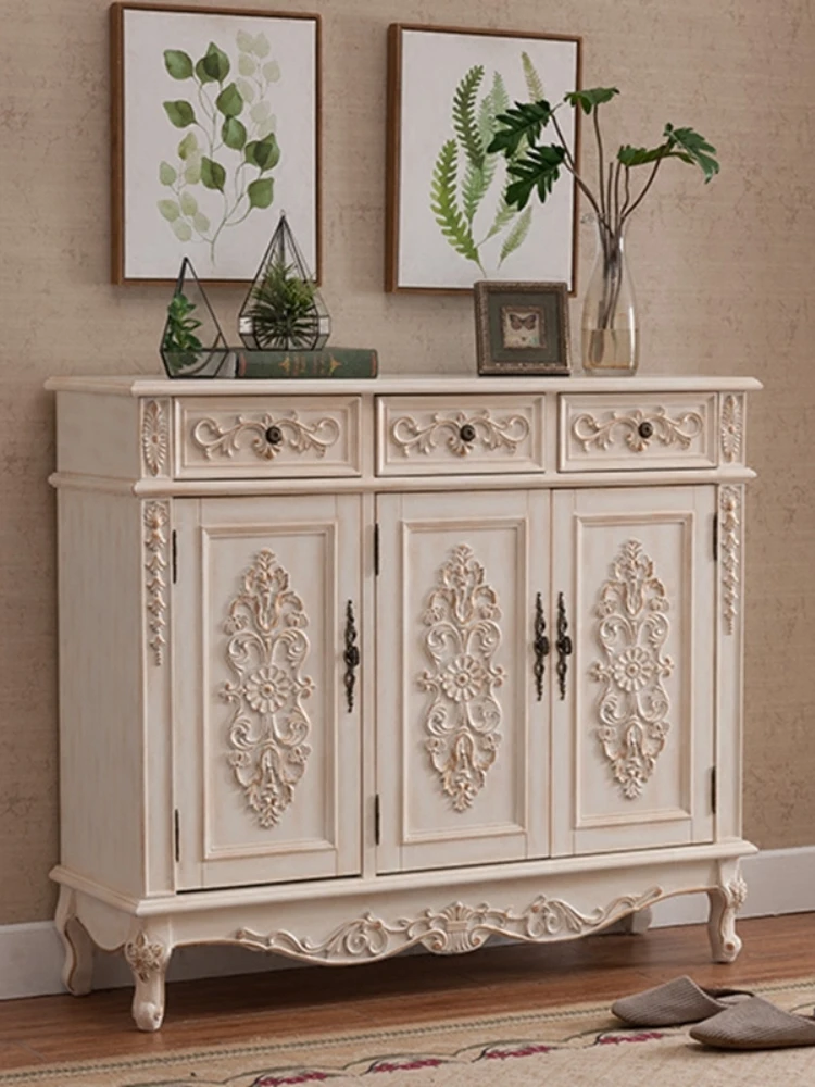 

European-Style Home Shoe Cabinet Household Entrance Retro White Sideboard Cabinet Solid Wood Large Capacity