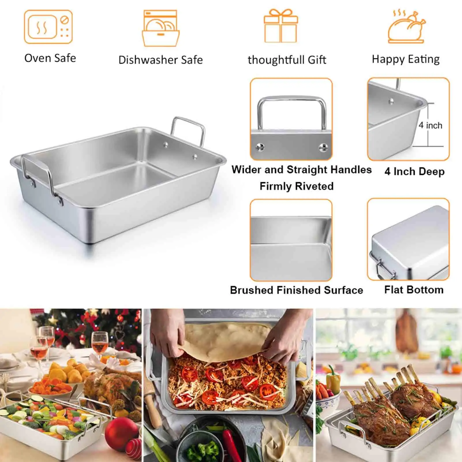 Roasting Pan 15" Stainless Steel Turkey Roaster Pan with Baking Rack and V-Shaped Rack Great for Roast Chicken Vegetable Baking