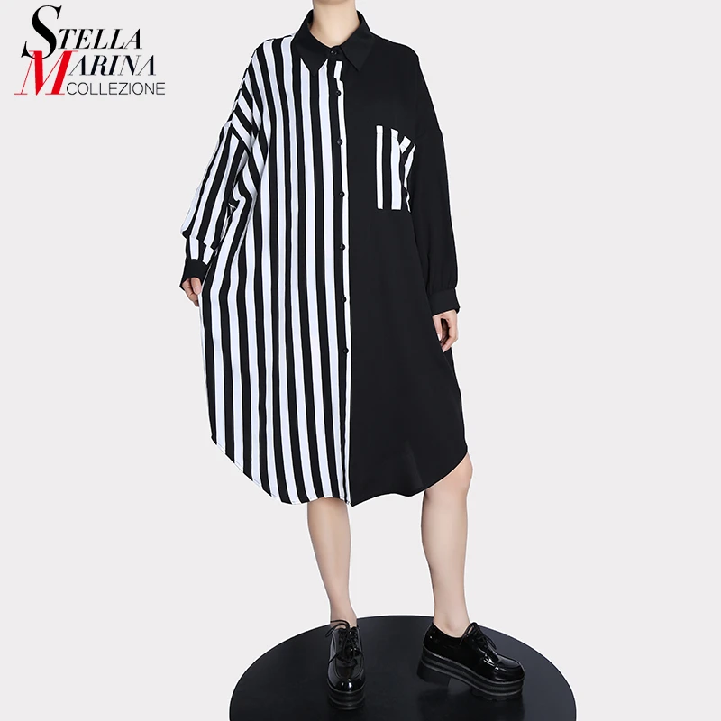 Hit Color Black Half Stripes Patchwork Long Sleeve Shirt Dress Plus Size Loose Fit Tide Girls Holiday Casual Streetwear Mjq7342 Aliexpress