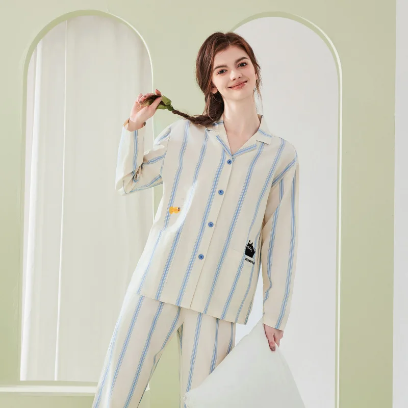 Couple Cotton Lyocell Pajama Sets striped Women Mujer Conjuntos Pijamas Conjunto Pyjama Pijama Femme Ensembles Feminino Pyjamas