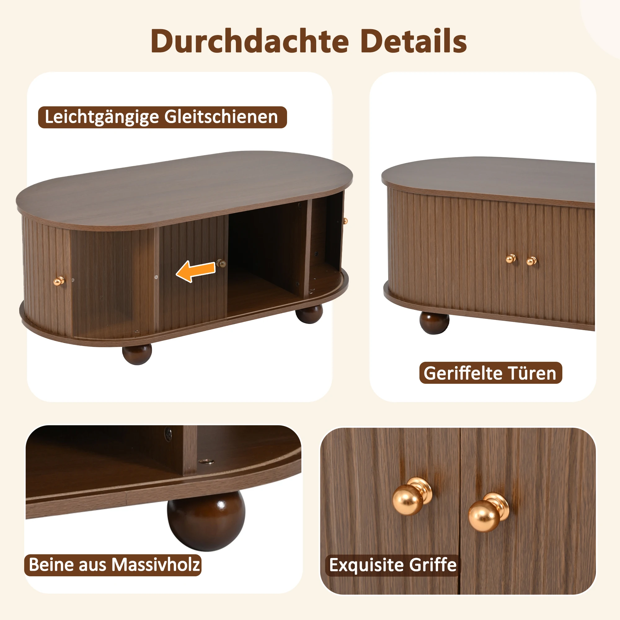 KOMHTOM Nussbaum-Couchtisch 100x50x40 cm - mit Stauraum und 360-Grad-Schiebetüren, mit 4 Beinen – Detail 5