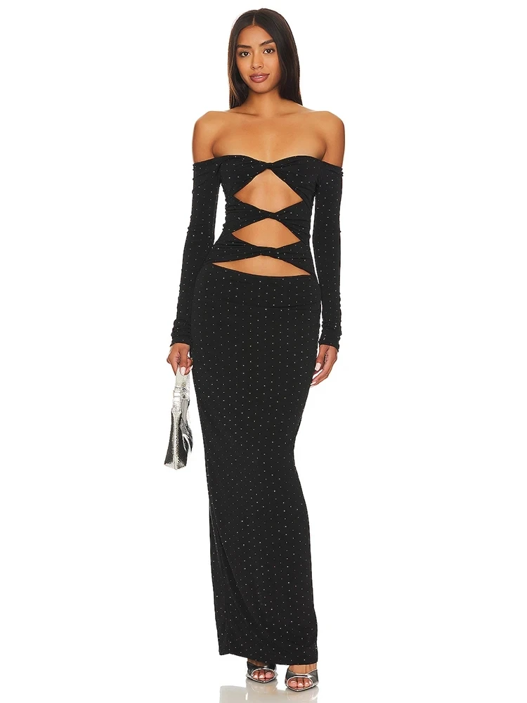

New Women Luxury Sexy Off Shoulder Cut Out Diamonds Cotton Black White Long Gowns Celebrity Elegant Evening Party Club Dress