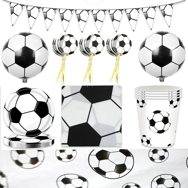 

81pcs/lot Boys Favors Soccer Football Theme Decorate Tablecloth Napkins Cups Plates Foil Balloons Birthday Party Toppers Flags