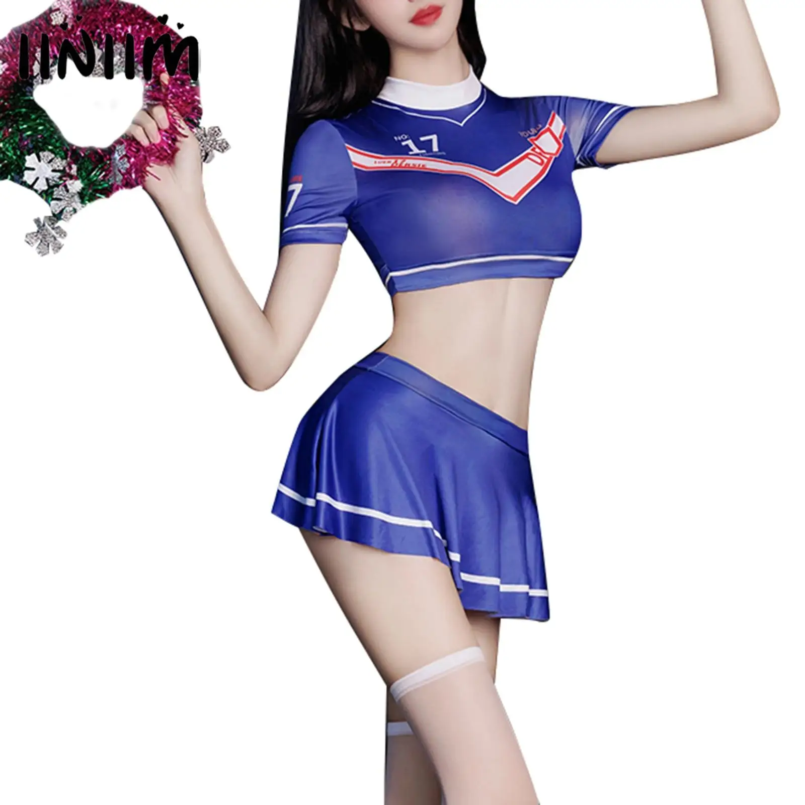 

Womens Sexy Temptation Lingerie Set Short Sleeve Print Crop Top Pleated Mini Skirt Basketball Football Cheerleading Uniform