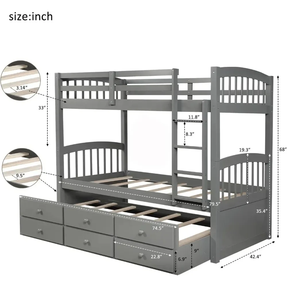 Wooden Bunk Bed Twin Over Twin Size with Trundle and 3 Storage Drawers, Detachable Bunkbeds Frame for Kids Teens Adults Bedroom 3