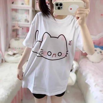 Cute Cartoon Cat Printed White T-shirt Women 2025 Summer O-neck Short Sleeve Casual Loose Y2k Tops Japanese Kawaii Tees 1