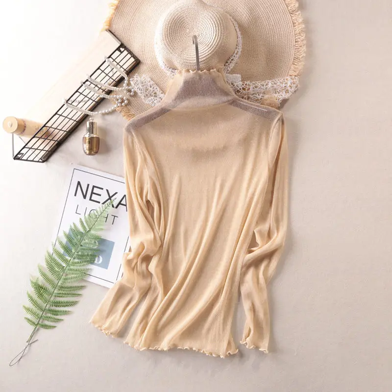 thumbnail image 1 of Camiseta ajustada elástica de manga larga con cuello alto a la moda para mujer, camisetas transparentes tipo pulóver, camisetas sexis de malla para primavera y otoño para mujer, 1 of 5