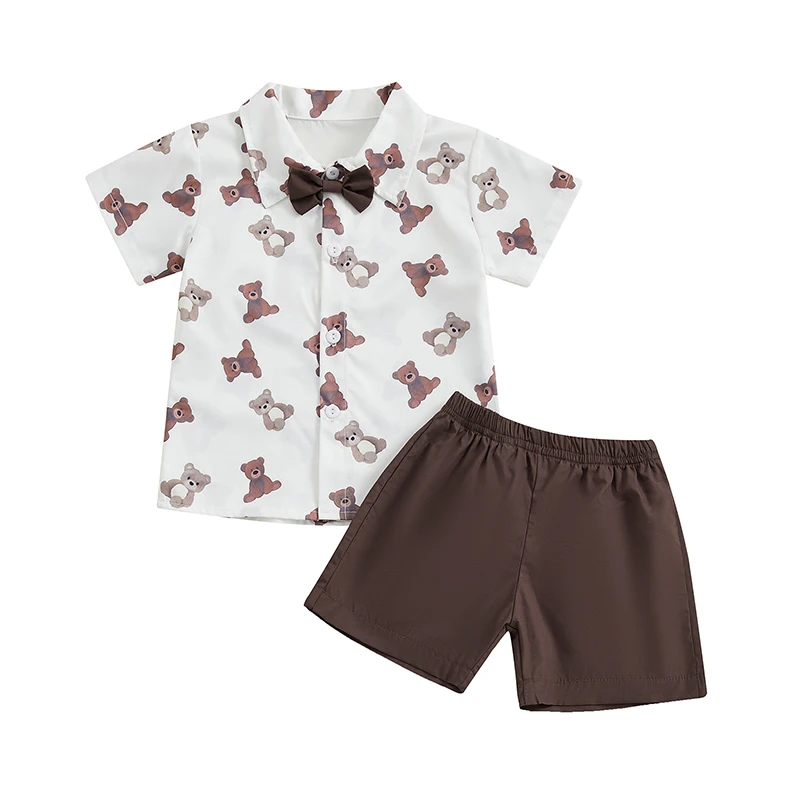

6M-3T Newborn Infant Baby Boy 2Pcs Gentleman Outfits Short Sleeve Bear Print Bowtie Shirt + Shorts Set Toddler Clothes