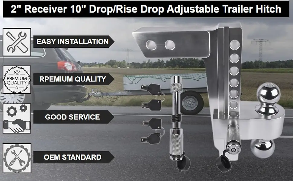 Aluminum 2 Inch Receiver 10 Inch Drop/Rise Drop Adjustable Trailer Hitch