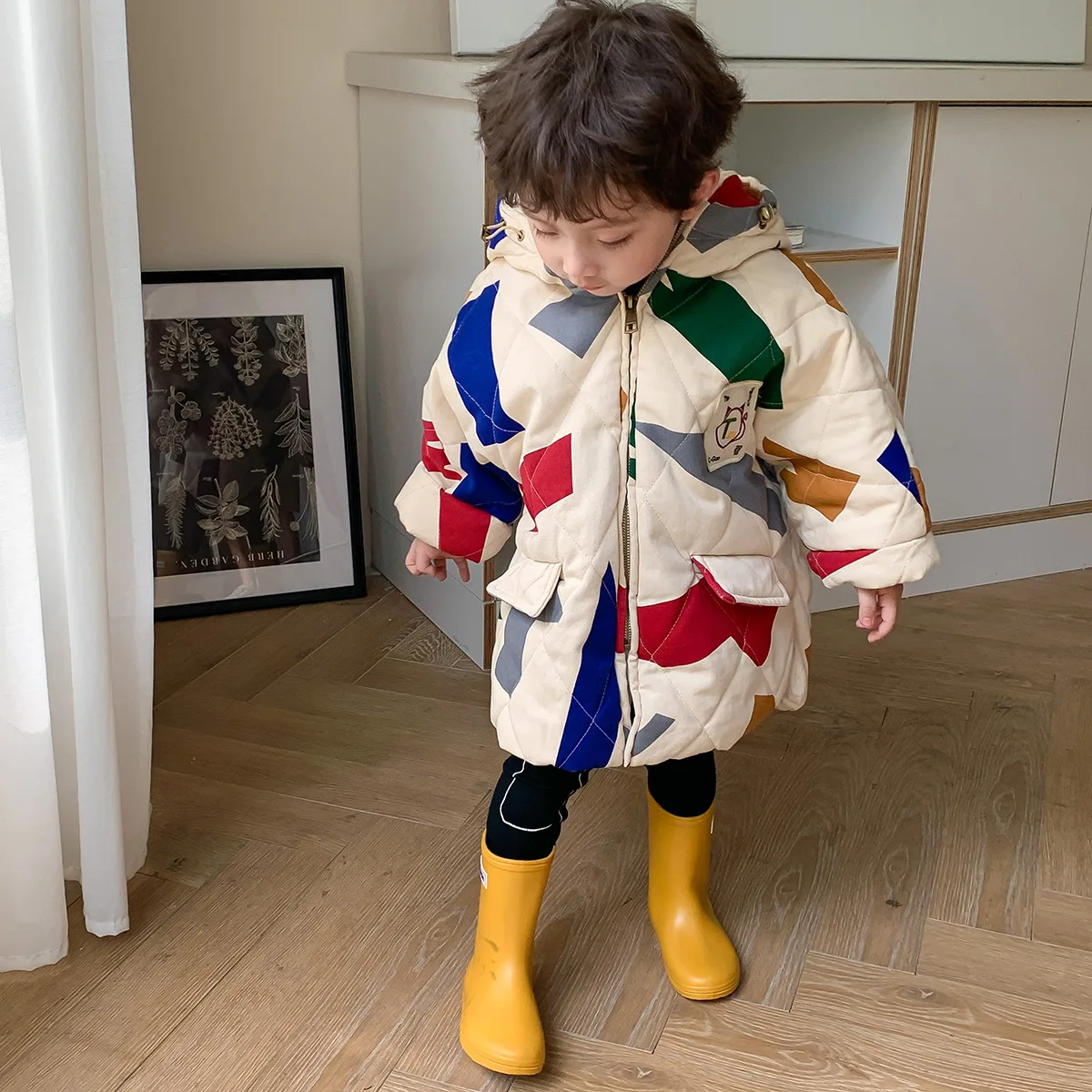 Korean Children Coat Winter New Original Design Geometric Pattern Boy's Cotton Padded Jacket Girls Fashion Outerwear XMP419