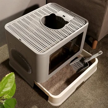 Large Hooded Cat Litter Box Tray Drawer Type Pet Kitty Toilet Top Entry Anti-Splashing Enclosed Potty with Hair Grooming Scoop 2