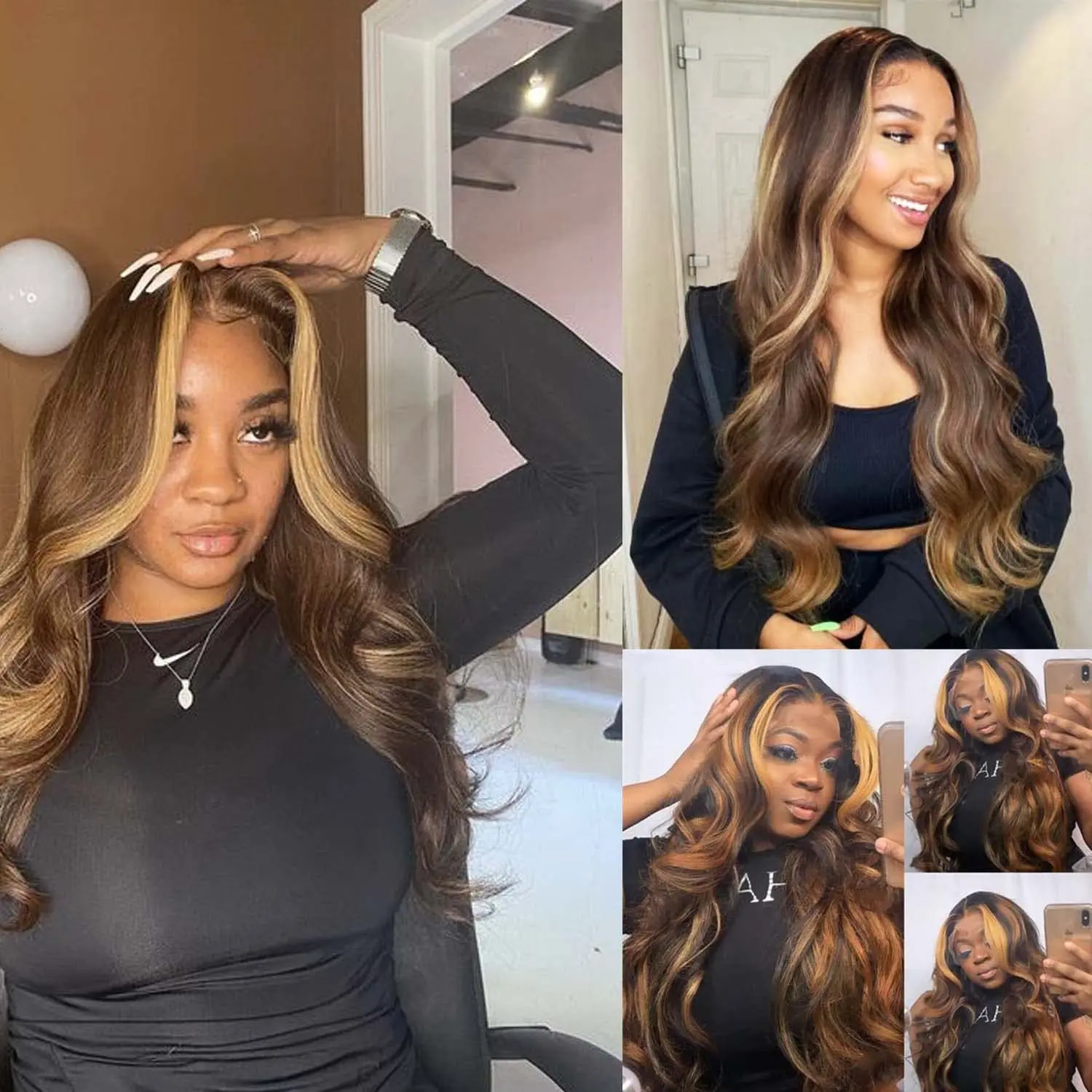 Synthetic Highlight Wigs Lace Front Wigs 13X4X1 T Part Frontal Lace Heat Resistant Fiber Wig for Black Woman P27 Long Wavy Hair