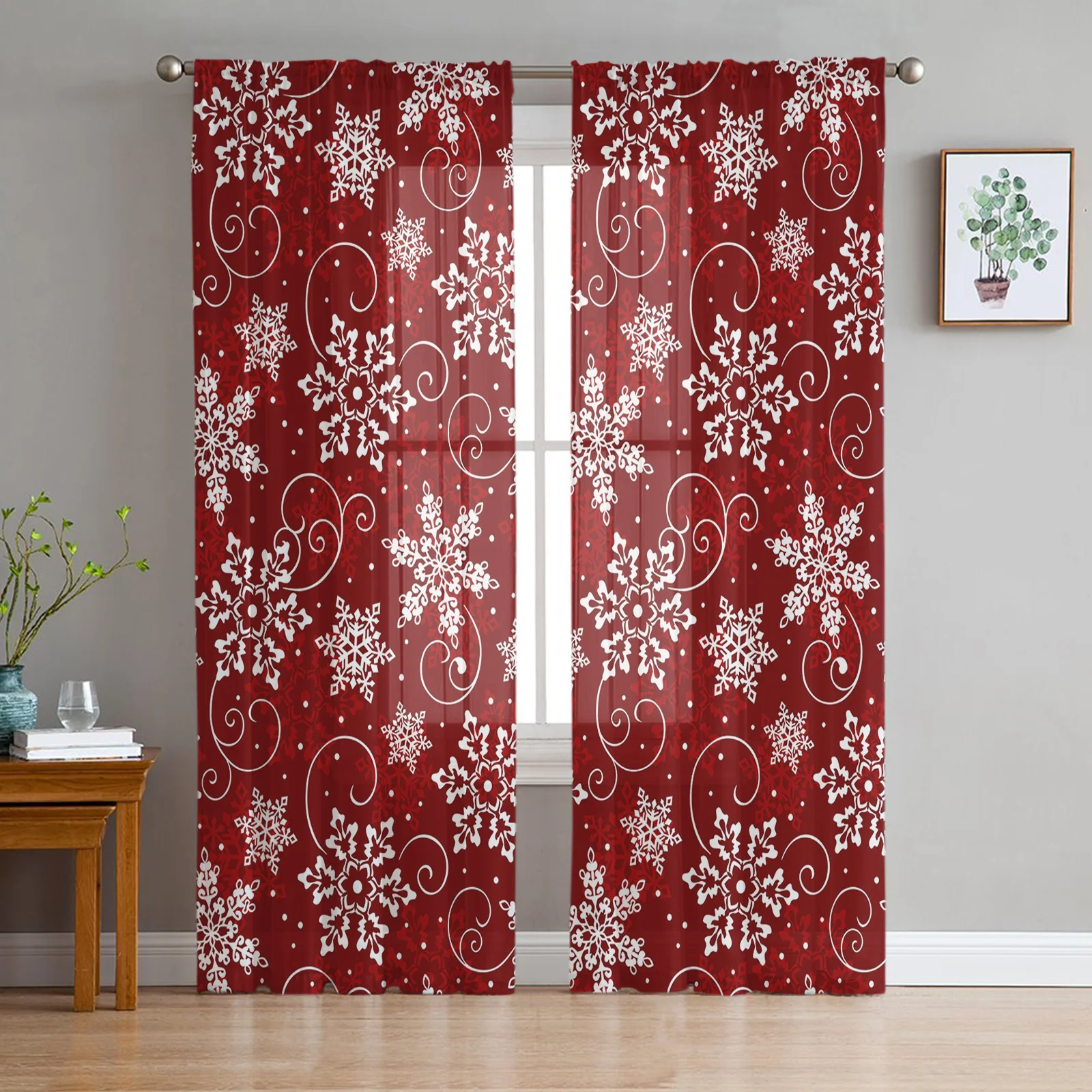 

Christmas Snowflake Texture Red Tulle Curtain for Living Room Bedroom Christmas Decoration Window Voiles Tulle Curtain