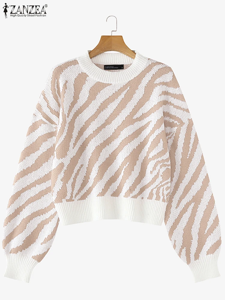ZANZEA Fashion Long Sleeve Zebra Striped Sweater Stylish Autumn Sweaters Women Jumpers Casual Knitted Top Winter Loose Pullovers 3