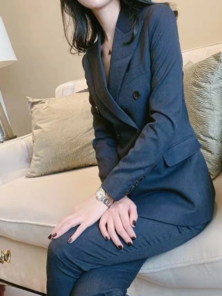 Women's Blazer Jacket Suit Spring Autumn Two Piece Set Fashion Casual Office Lady Solid Color Elegant Pant Suit