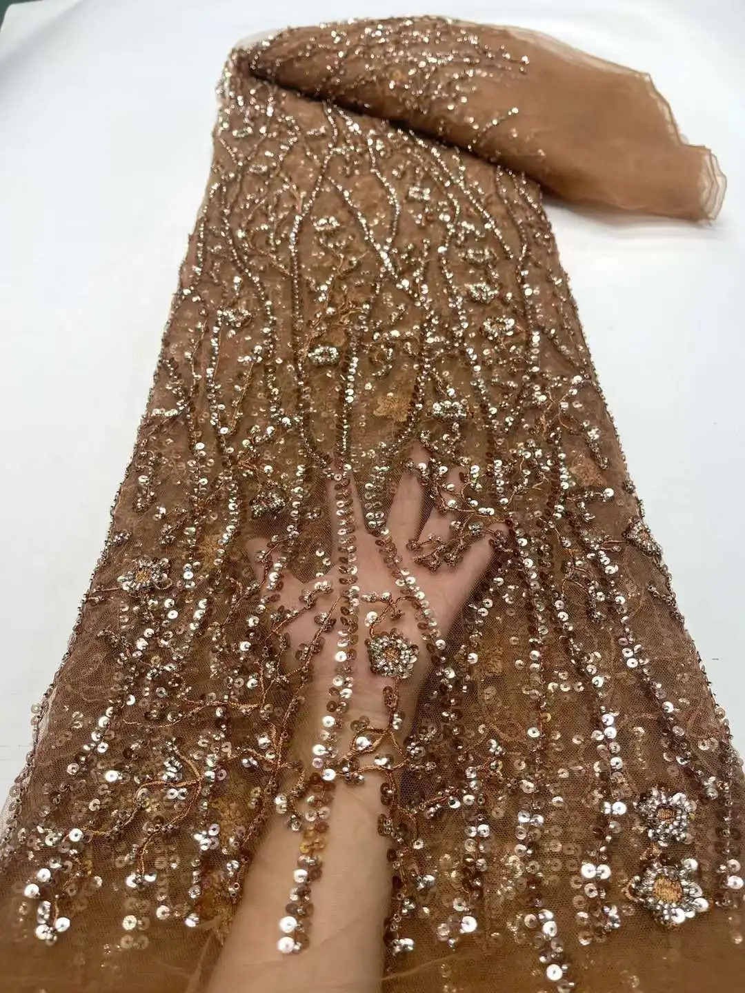 

Pretty Crystal Sequins Beads Embroidery French Tulle Net African Fabric For Ladies's Evening Dresses Party