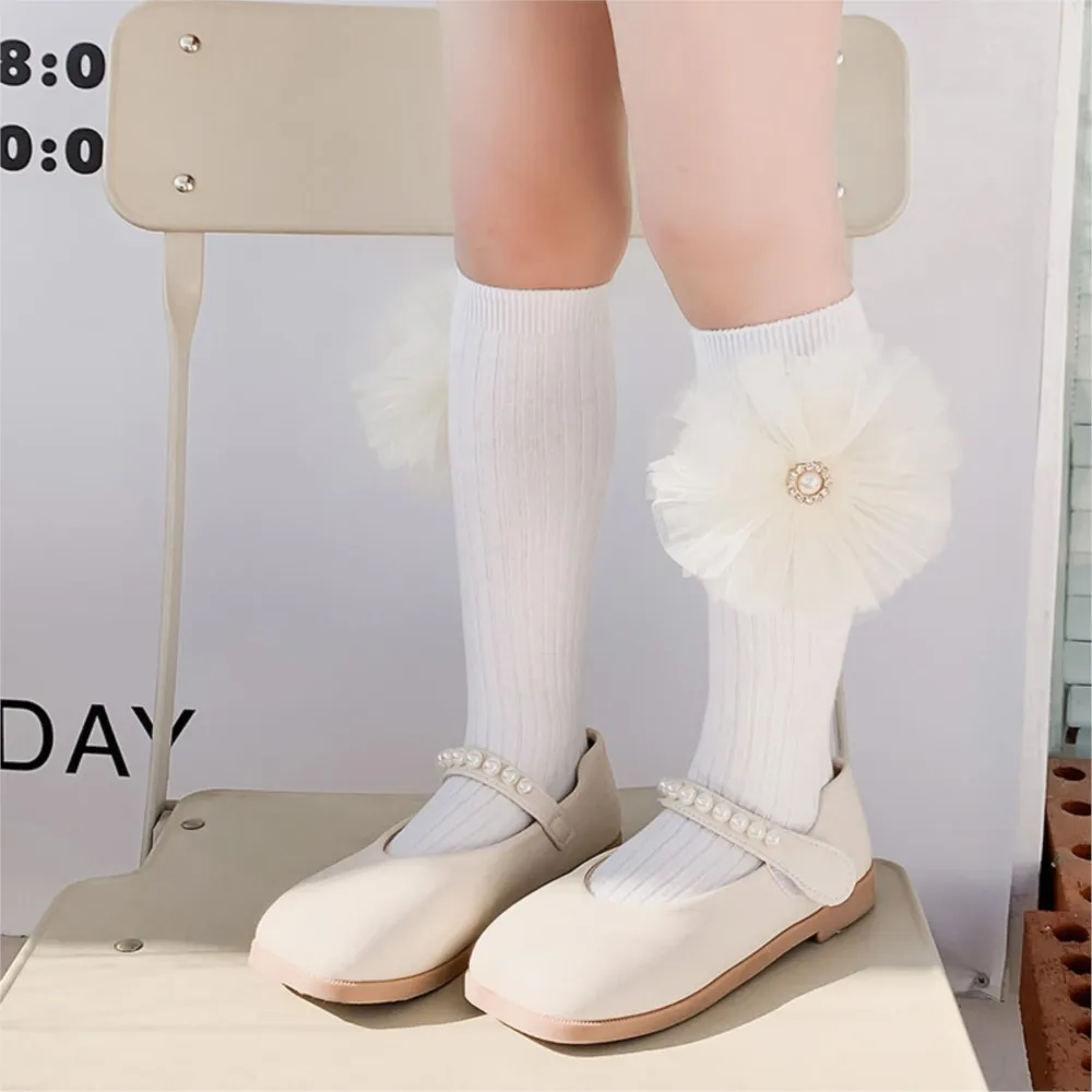 Girls socks pearl big bowknot sweet princess calf sock kids baby knee high stocking combed cotton sokken toddler infant cotton socks,children socks,cotton knee socks
