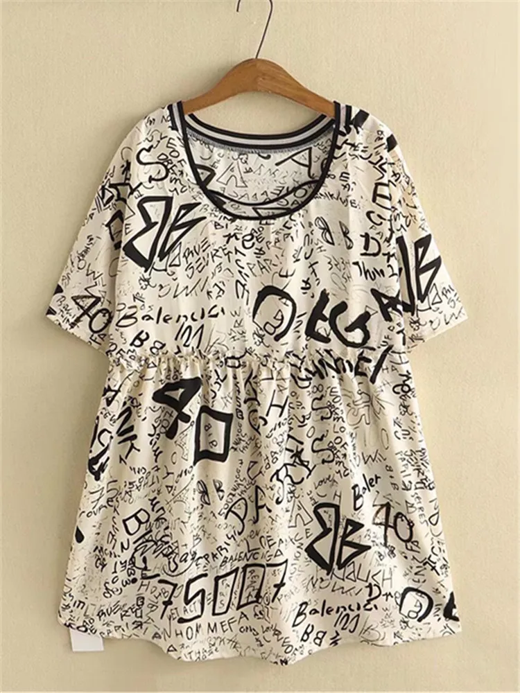 

Plus Size Women's Clothing Summer Dress Crew Neck Graffiti Print Loose Mini Skirt Large Size Short Skirt For Busty Lady Wear 5XL