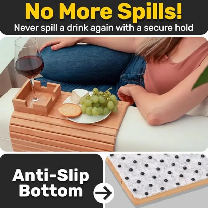 Couch Cup Holder Bamboo Wood Sofa Armrest Tray Foldable Sofa Cup Holder Anti-Slip Couch Arm Cup Holder Sofa Side Storage Tray 6