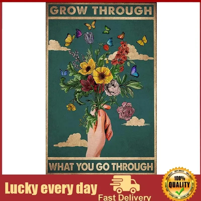 

Retro Vintage Metal Tin Sign Sunflower Grow Through What You Go Through Metal Vintage Tin Sign Wall Decoration for Cafe Coffee