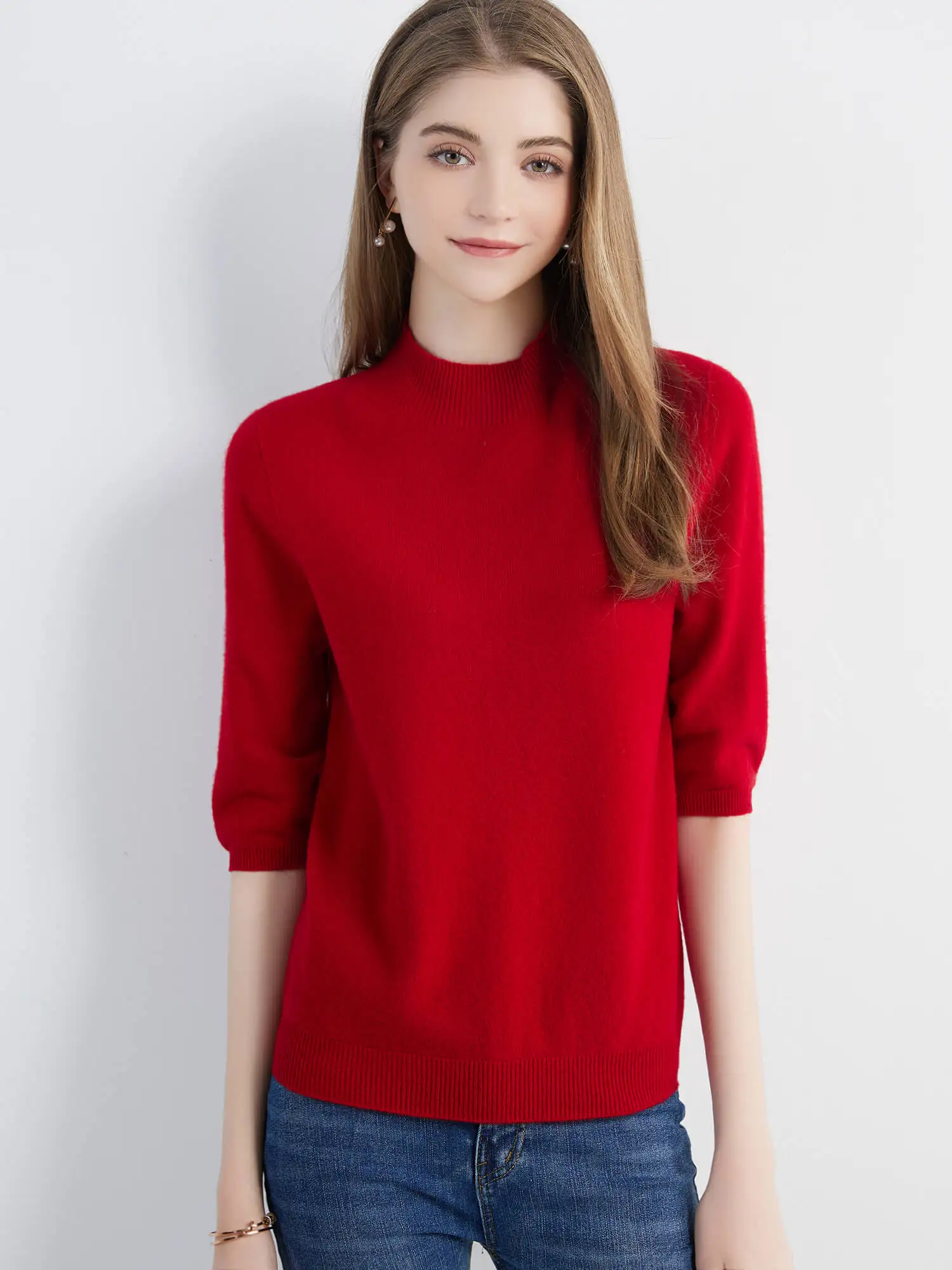 Wool Top Women's Sweater Knitwears Short Sleeve Pullover 100% Wool Half Turtleneck Sweater for Women Knit Jumper Female Clothing