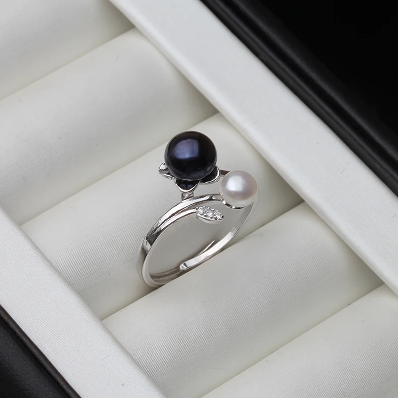 Silver Rings Real Freshwater Natural Pearl Wedding Cute 925 Women Anniversary Party White Pink Black
