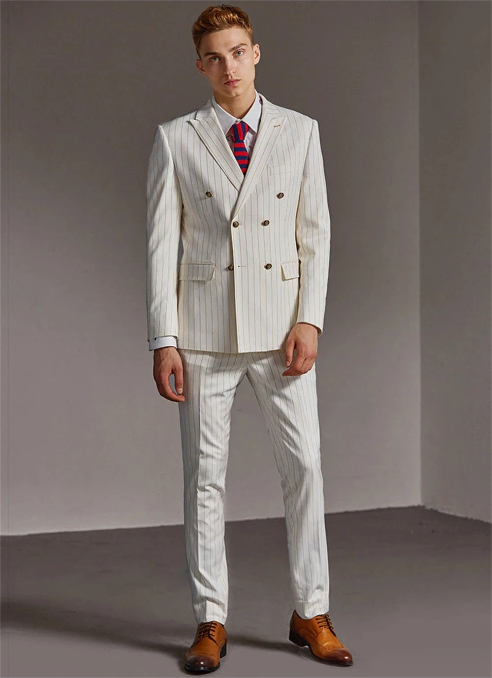 

Ivory Men Suits Evening Dinner Wedding Slim fit Luxury Blazer Pants 2 Piece Business Tuxedo Gold Stripes Custom Jacket Set