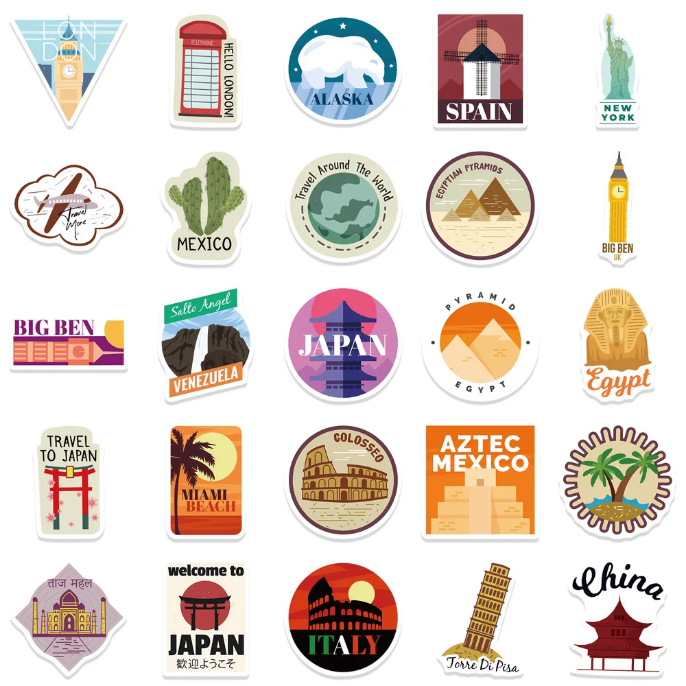 50PCS 세계 도시 랜드마크 낙서 스티커 전화기 기타 노트북 여행가방 컵 방수 스티커 데칼 어린이 장난감