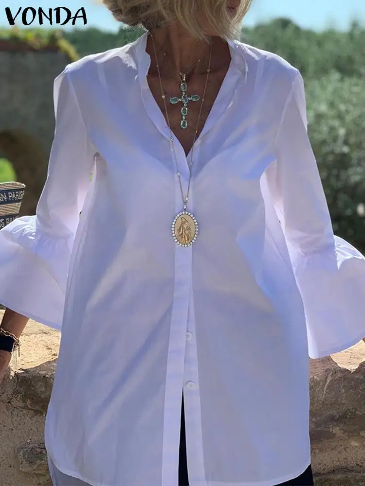 

VONDA Women Shirts Summer Solid Flare Sleeve Fashion Blouse 2023 Sexy V Neck Button Up Office Tunic Tops Blusas Femininas