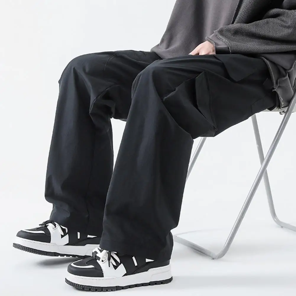 Men Overalls Men's Elastic Drawstring Cargo Pants with Pockets Solid Color Straight Wide Leg Trousers for Streetwear Style Cargo