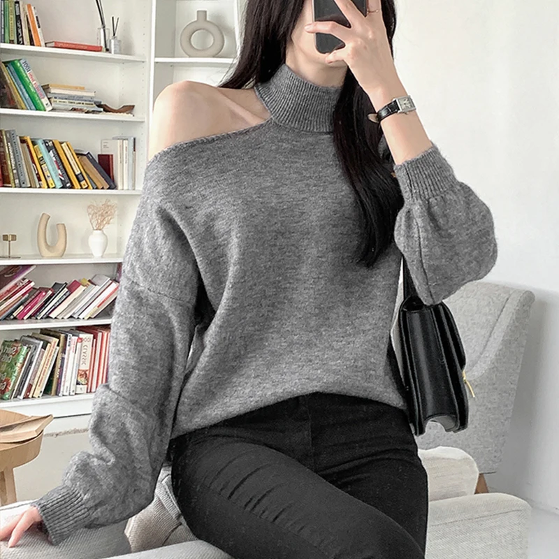 Chic Autumnal Loose Long Sve Knitted Sweater Women's Ne Hanging oulder Design Casual Comfortable White Knitted Top