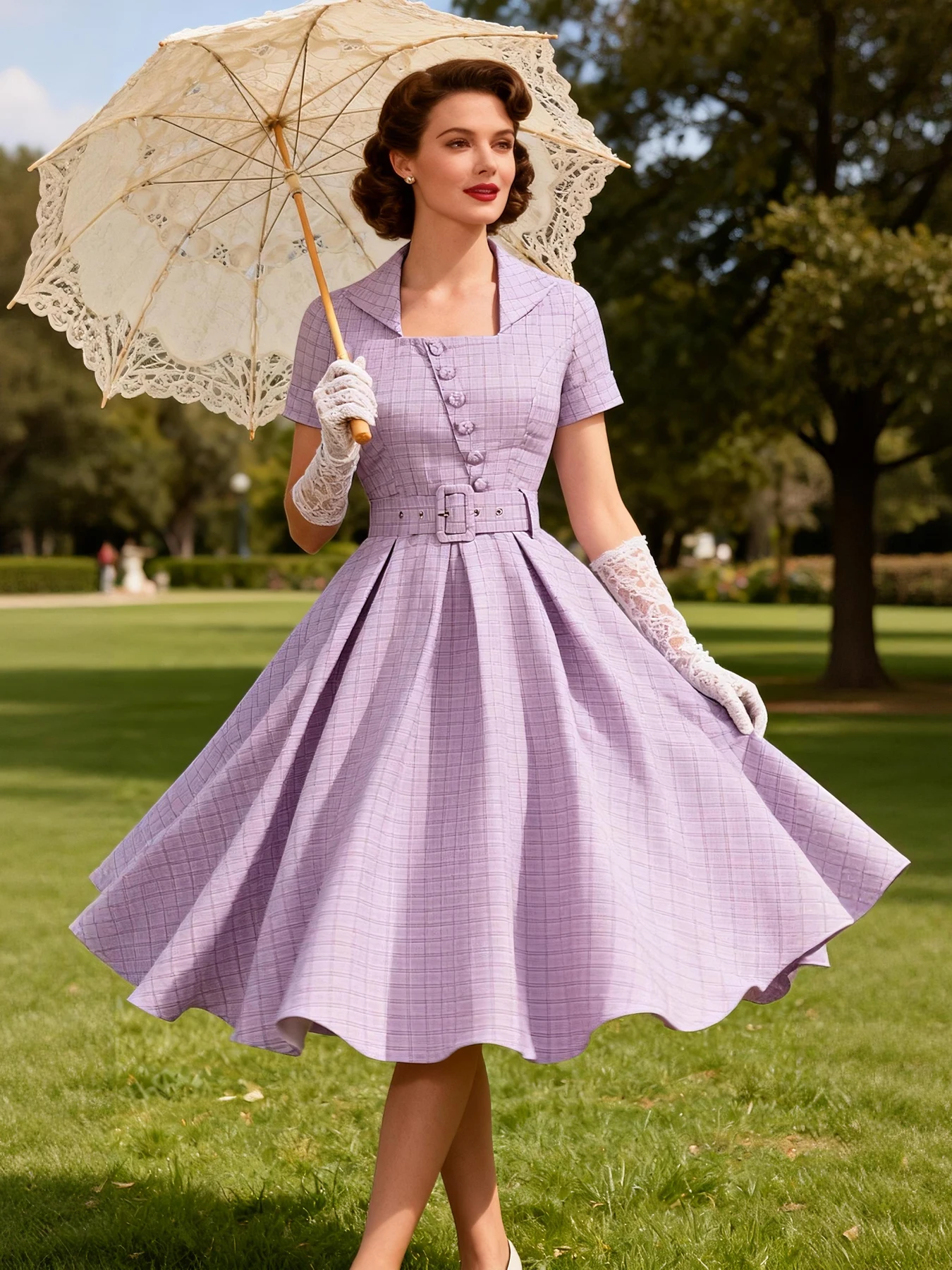 Tonval Lavendel Plaid Knöpfe vorne Kurzarm Damen 2026 Frühling Sommer Neu in Rockabilly 1950er Retro Midi Plissee Kleider