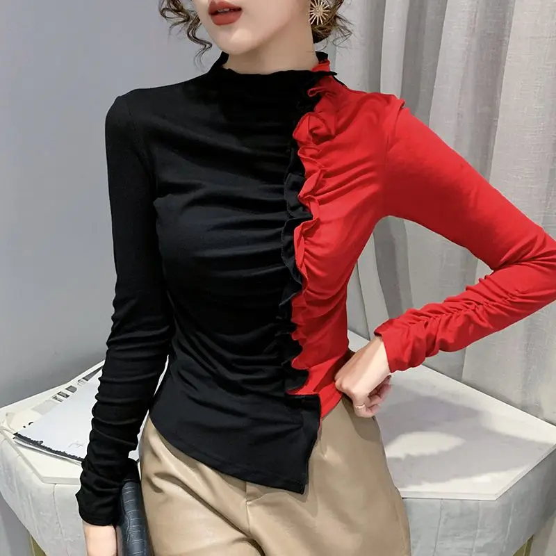 

Women's Autumn Winter Fashion Half High Neck Irregular Color Matching Pleated Wood Ear Edge Long Sleeve Slim Fit T-shirt Tops