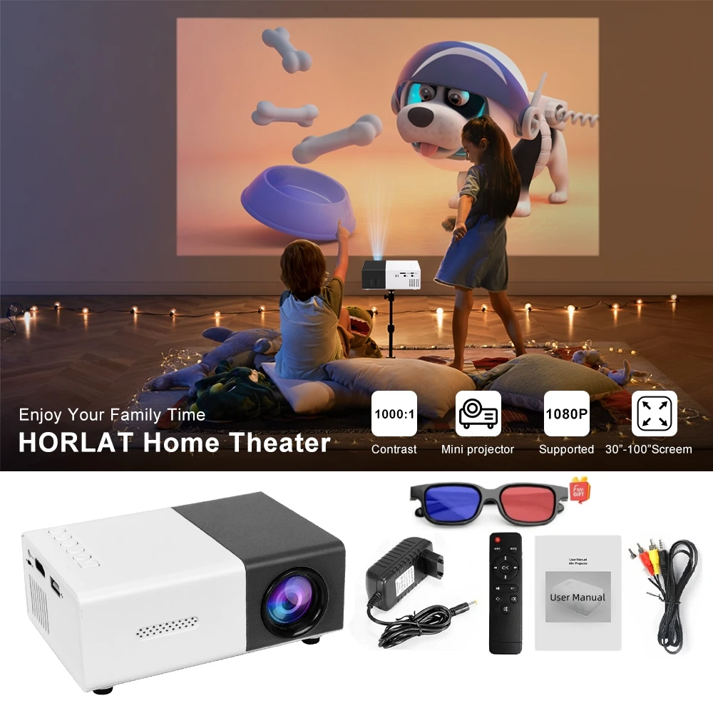 Projector Support 1080P Decoding Built-in Audio LED portable projector for Smartphone Notebook 3D Glasses As Gift