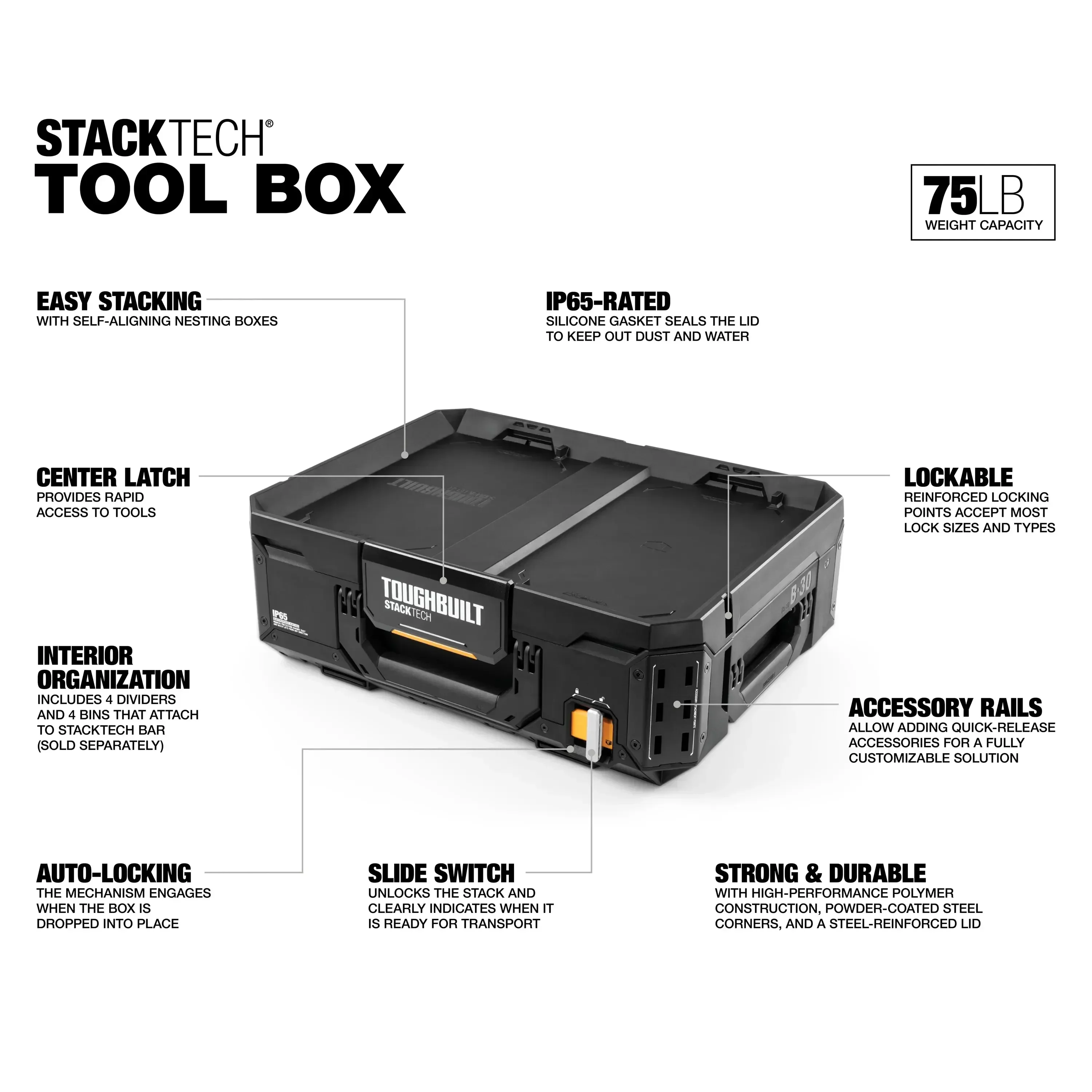TOUGHBUILT TB-B1-B-30 StackTech Tool Box Multi-functional Maintenance Parts Box Stackable Toolbox Toughbuilt Tool Accessories 2
